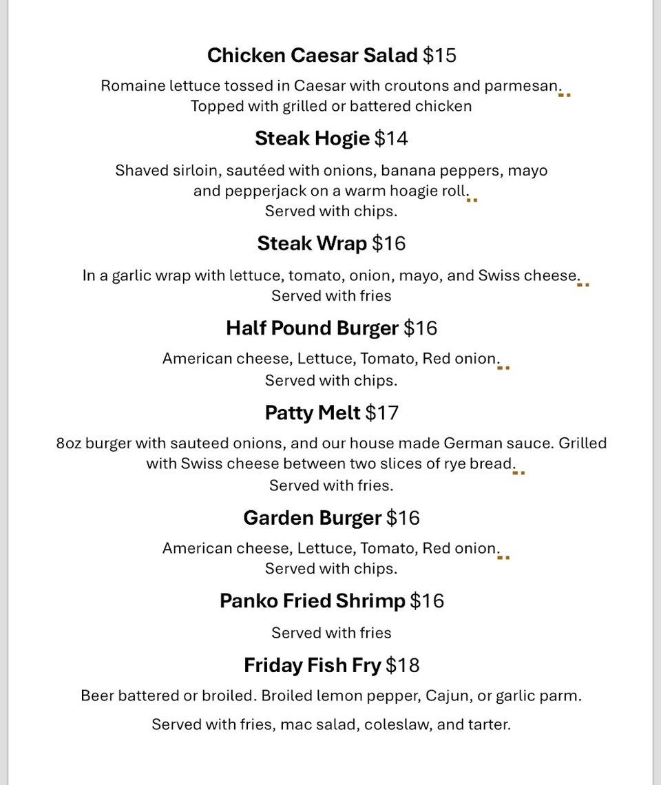 Menu board with appetizers and sandwiches.